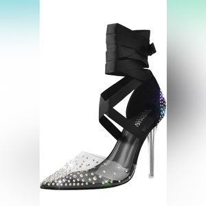 Clear and Black Pump Heels Sandals with Rhinestones